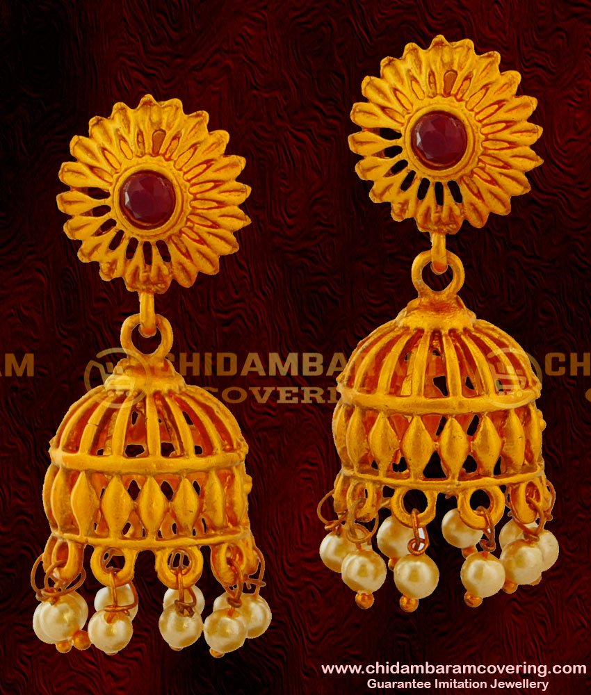 ERG020 – Latest Golden Matti Earrings Cage Design Jhumkas with Red Stone Flower Stud Online