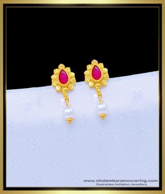 ERG1107 - Latest One Gram Gold Ruby Stone with Pearl Drops Earrings For Girls