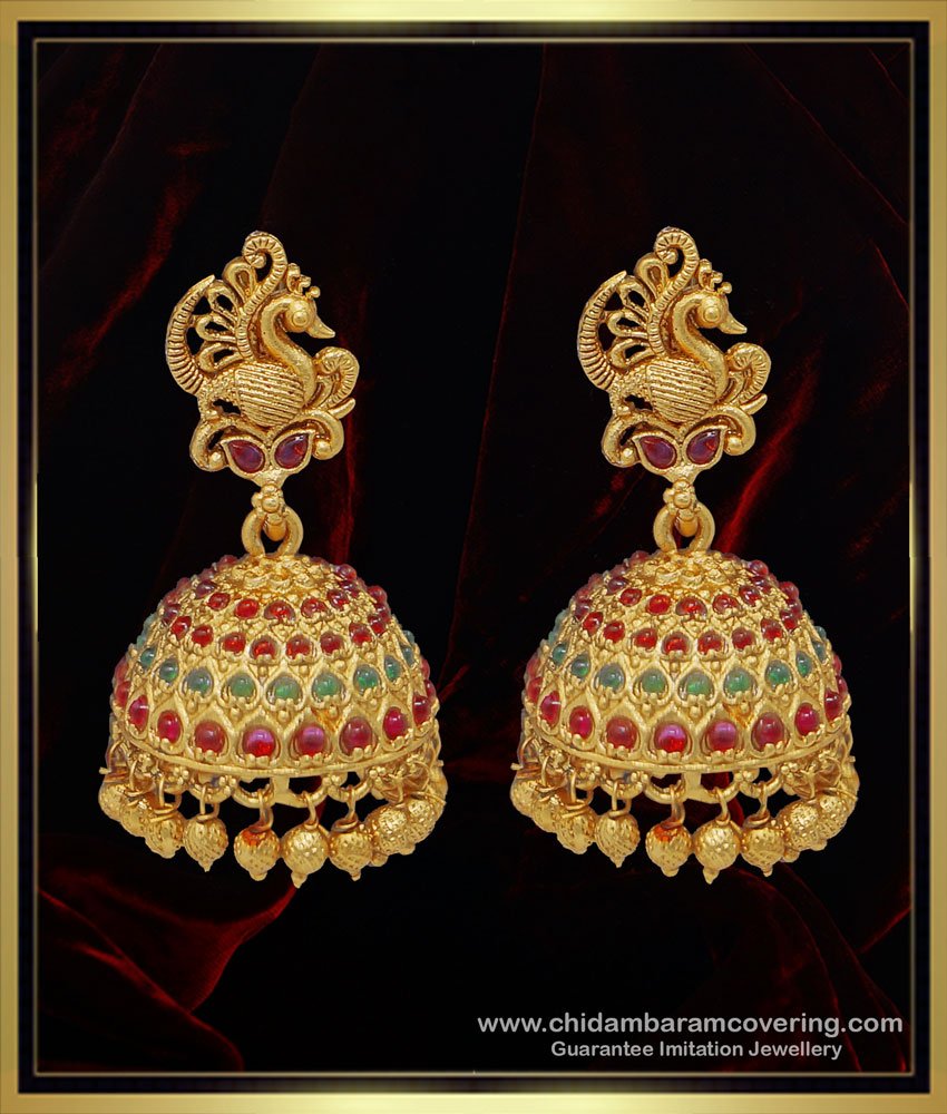 big jhumkas, designer jewellery, latest gold buttalu design, telugu puttau design, temple jhumkas earring, one gram gold jewellery online, nagas jhumkas,