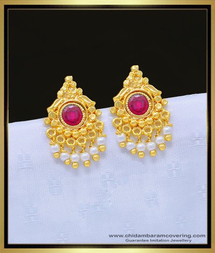 ERG1119 - Elegant Party Wear One Gram Gold High Quality Ruby Stone Pearl Studs Earring Online