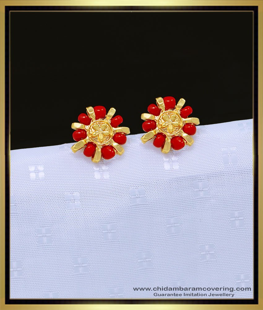 one gram gold jewellery, 1 gram gold jewelry, gold plated jewellery, stud earrings, red coral earrings gold, guaranteed earrings, chidambaram covering.com,  