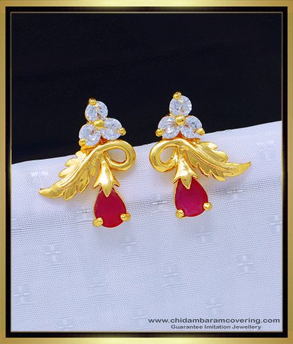 ERG1141 - Beautiful Sparkling Ruby and White Stone Real Gold Design Big Stone Earrings  