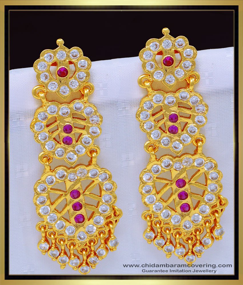 one gram gold jewellery. impon earrings, long earrings, big size earrings, five metal earrings, impon thodu, 