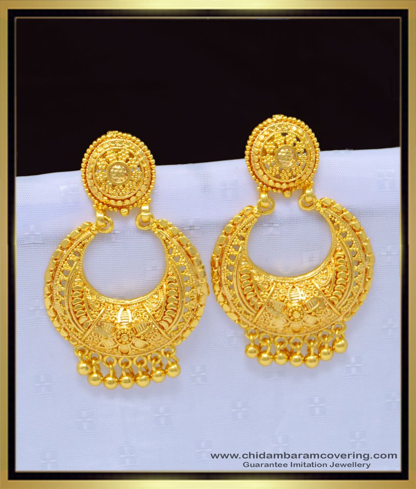 one gram gold jewellery, gold plated chand bali earrings, big earrings, gold covering earrings, gold earrings, kammal design, 
