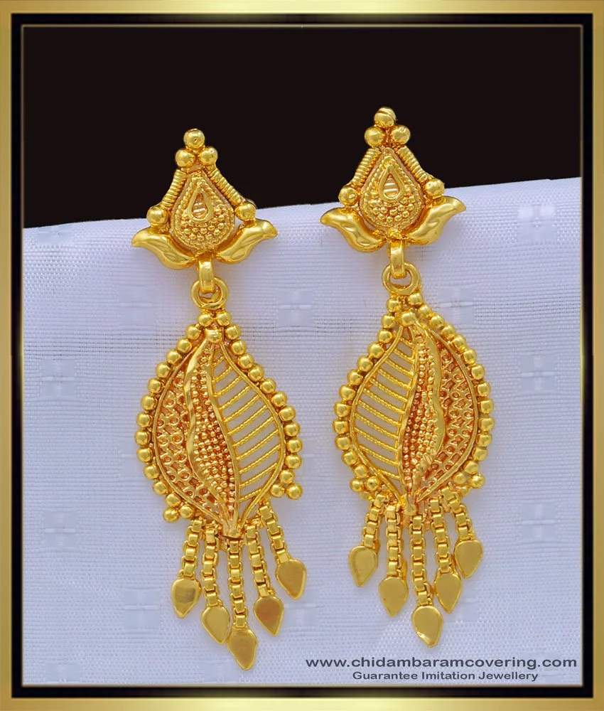 Long Designer Partywear Earrings - Golden Color Earrings for Gown and  Lehenga - Kesha Luxury Long Earrings by Blingvine