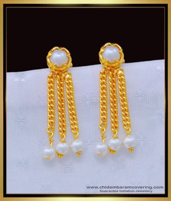 ERG1175 - Trendy Pearl Earring One Gram Gold 3 Line Muthu Thodu for Girls