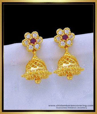 ERG1210 - Traditional Gold Jhumkas Design White and Ruby Stone 1 Gram Gold Jimiki 