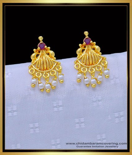 ERG1238 - Elegant Ruby Stone with White Pearl Stud Earring Original Gold Plated Jewellery Online 