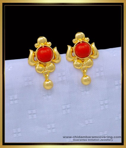 ERG1242 - One Gram Gold Red Coral Stud Earring Pavazham Kammal Model for Women