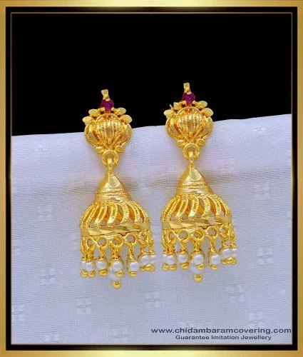 Buy Latest Flower Design Ruby Stone Gold Plated Hoop Earrings for Girls
