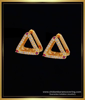 ERG1271 - Trendy Triangles Shape White and Ruby Stone Gold Covering Hoop Earrings Online  