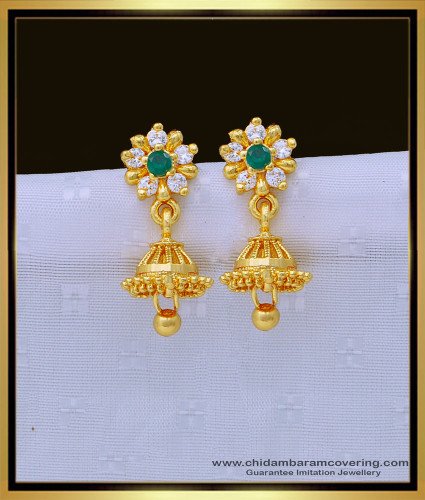 ERG1370 - Traditional Gold Design White and Green Stone Small Jhumkas Online Shopping 