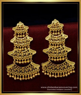 ERG1424 - Bridal Wear Long Dangler 3 Layer Earrings Gold Design for Wedding   