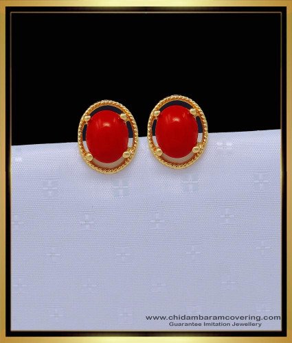 ERG1476 - Traditional Gold Design One Gram Gold Red Coral Earrings Studs for Women