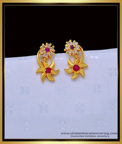ERG1486 - Beautiful Simple Small White and Ruby Earrings One Gram Gold Jewellery 