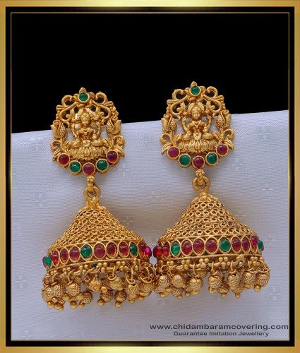 ERG1509 - Attractive Pink and Green Kemp Stone Nagas Jhumkas Indian Jewellery Design Online