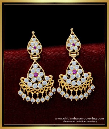 ERG1538 - Attractive White with Ruby Stone Impon Jewellery Panchaloha Earrings Online Shopping 