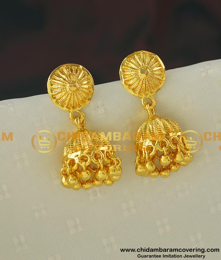 jhumka latest design of gold earrings, gold plated jhumkas, stylish bridal gold jhumka design, gold jhumka new design, jimikki kammal, bridal heavy gold jhumka design, artificial jhumkas, buttalu designs