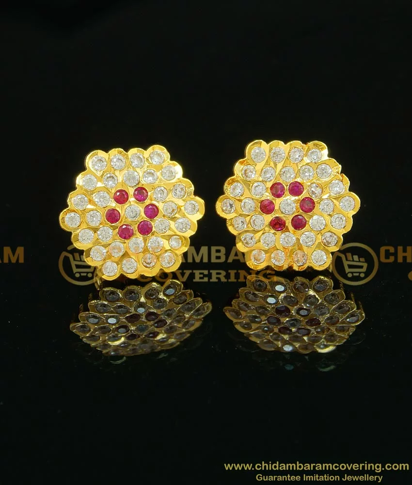 Multi stone Gold Jhumka Earrings | Ruby emerald and white stone pearl –  Indian Designs