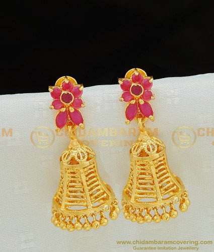 ERG764 - Bridal Wear Gold Jhumkas Design Ruby Stone Gold Plated Jhumkas for Wedding