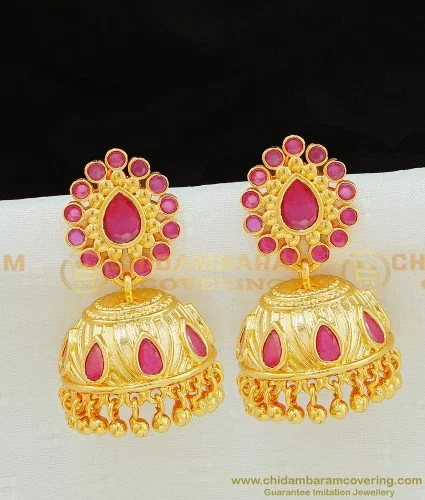 Buy New Model One Gram Gold Three Line Red Coral with Pearl Earrings for  Girls
