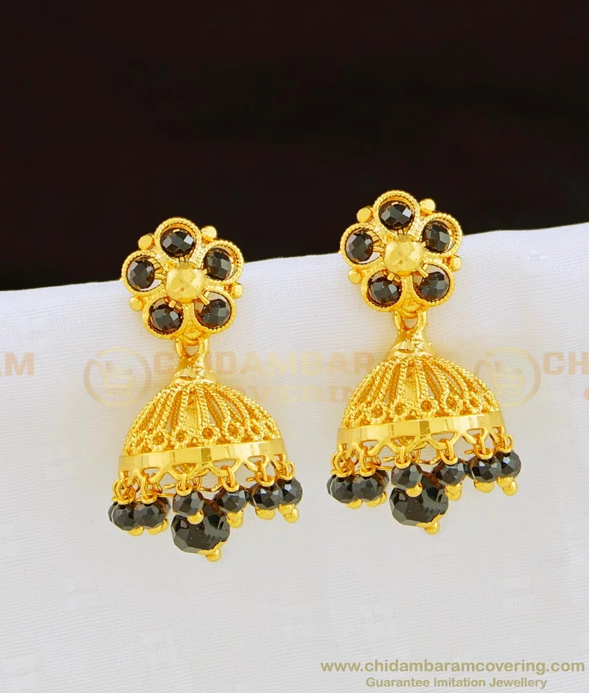 Small Unique Jhumka Earrings With Colour Crystal Drops Antique Gold Plated  J23739