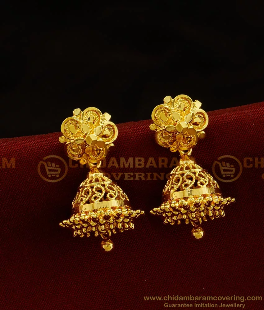 Golden Fancy Admier Gold Plated Brass Jaali Design Small Jhumki Earrings  For Women., Size: 30 X