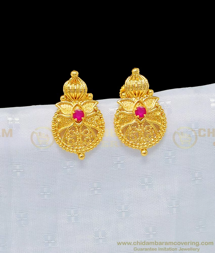 ERG093  Daily Wear Medium Size Stud Designs Imitation Earrings For Women  And Girls  Buy Original Chidambaram Covering product at Wholesale Price  Online shopping for guarantee South Indian Gold Plated Jewellery