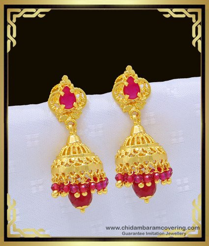ERG987 - New Gold Design Pink Stone and Crystal Jhumkas Earing One Gram Gold Jewellery