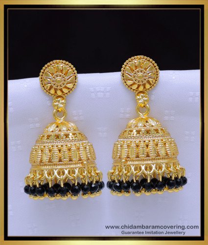 Erg1909 - Traditional Jimikki Kammal Black Crystal Jhumka Earrings