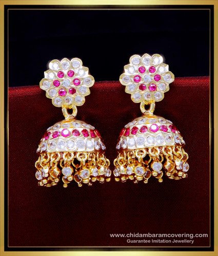 ERG1944 - Bridal Wear White and Ruby Stone Large Jhumka Earrings