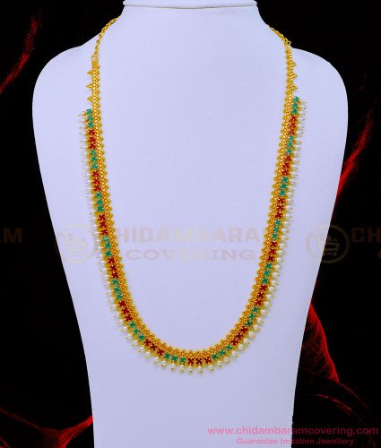 HRM709 - Latest Gold Plated Ruby Emerald Stone Original Pearl Haram South Indian Jewellery Online