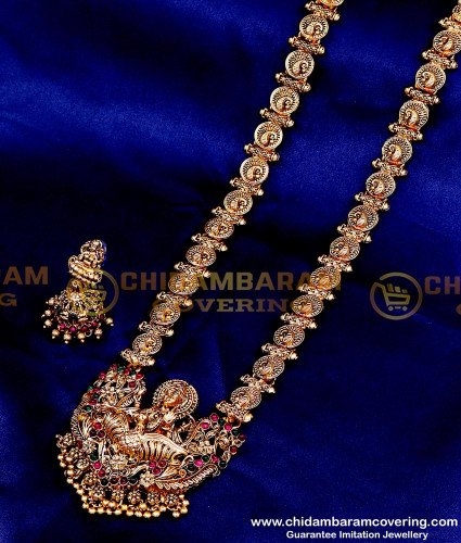 HRM914 - Antique Jewellery Long Lakshmi Haram with Jhumkas Set 