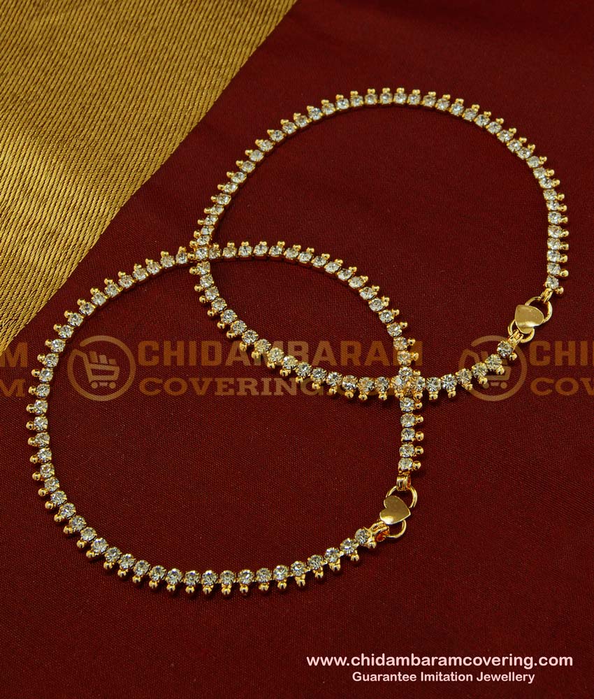 ANK055 - 11 Inch Modern White Stone Fancy Anklet Design Gold Plated Dulhan Payal Online 