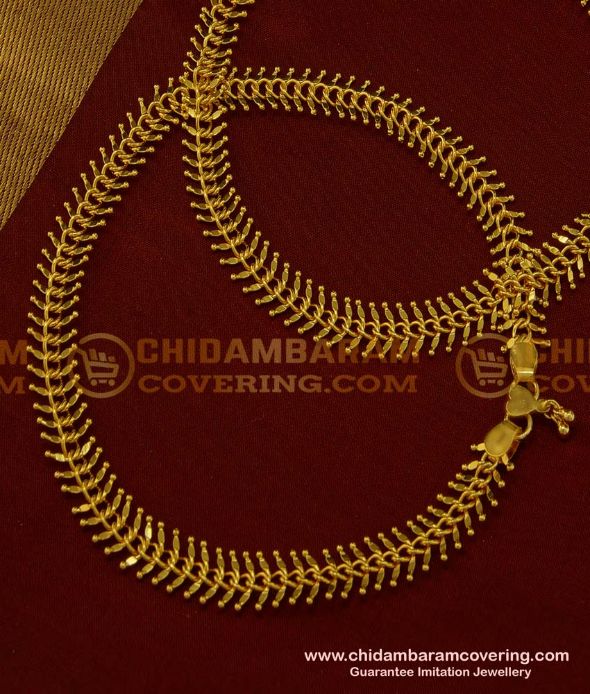 ANK063 - 9 Inch Gold Plated Leaf Design Broad Chain Type Anklet Kolusu Indian Jewellery