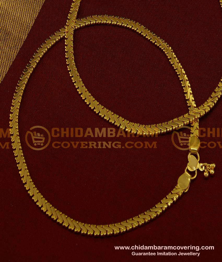 ANK066 - 12 Inch Real Gold Design Plain Thick Chain Type Kerala Design Anklet Kolusu Indian Jewellery