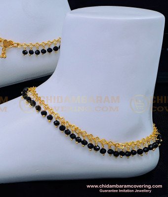 ANK106 - 8 Inches Trendy Black Crystal Anklet Designs Gold Plated Black Beads Payal Design Online