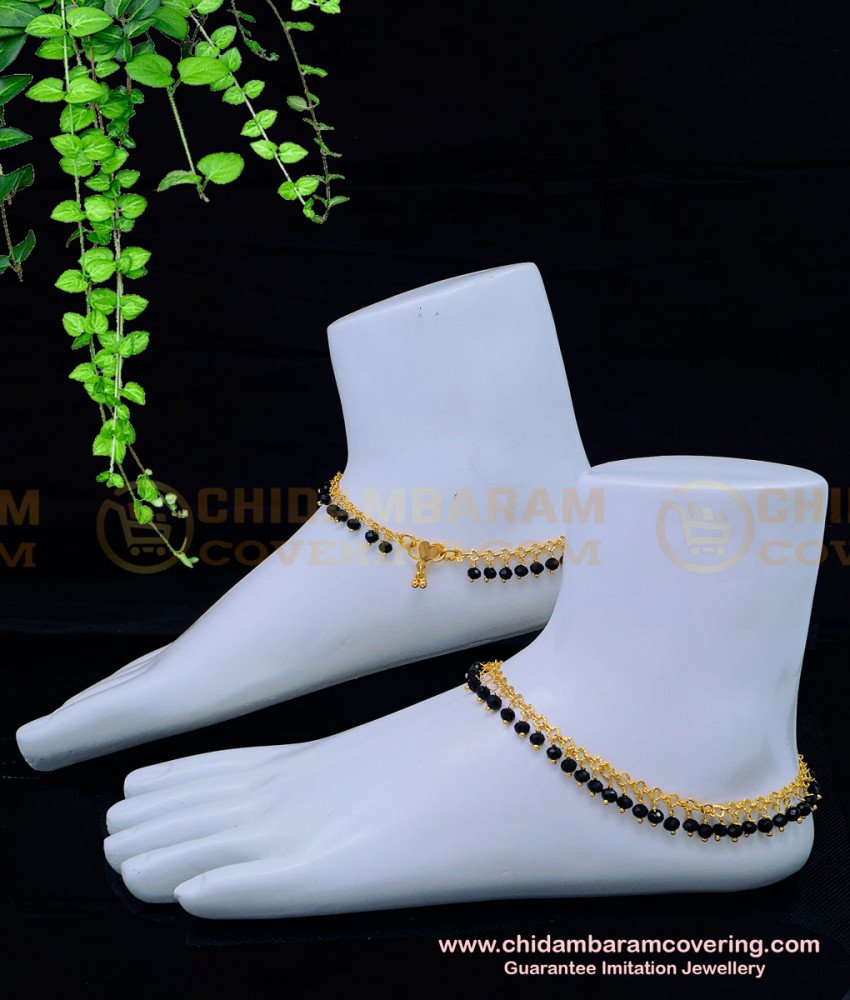 black moti anklet, crystal anklet, karimani kolusu, fancy anklet, black beads anklet for one leg, gold covering kolusu, gold covering padasaram, 