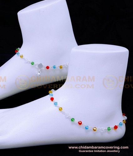 ANK123 - 10.5 Inch Trendy Colourful Crystal Silver Fancy Anklet Design