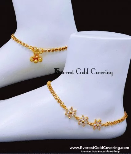 ANK151 - 10.5 Inch Gold Plated Modern White Stone Flower Design Anklet 