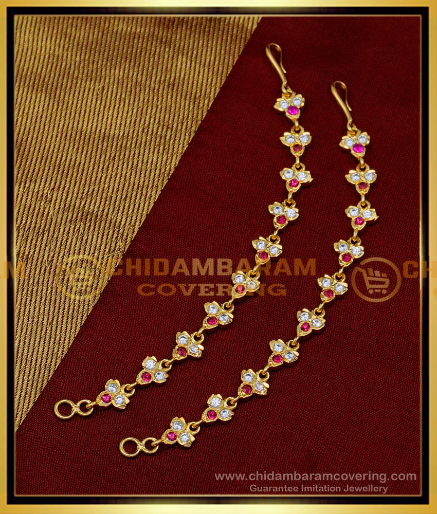Traditional Impon Gold Ear Chain Designs with Stone
