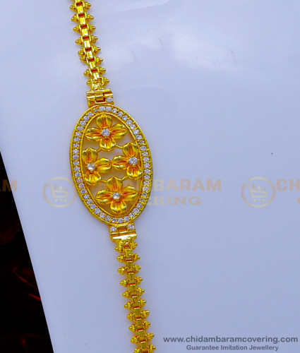 MCHN507 - 30 Inches Beautiful Flower Design White Stone Gold Plated Mugappu Chain 