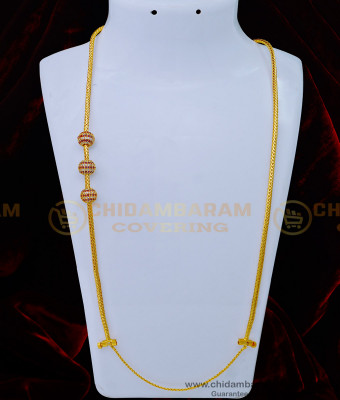 THN60-LG - 30 Inches Long White and Ruby Stone Balls Mugappu Chain with Screw Thali Chain Buy Online