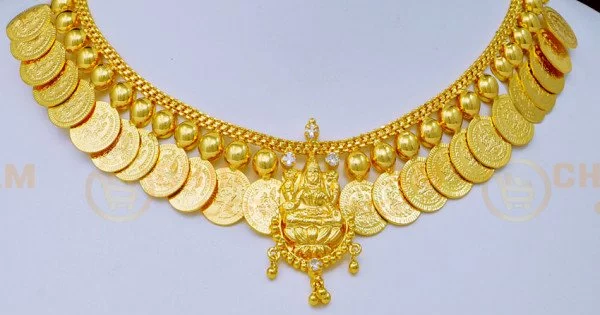 Buy New One Gram Gold Ad Stone Lakshmi Design Gold Kasu Mala Necklace ...
