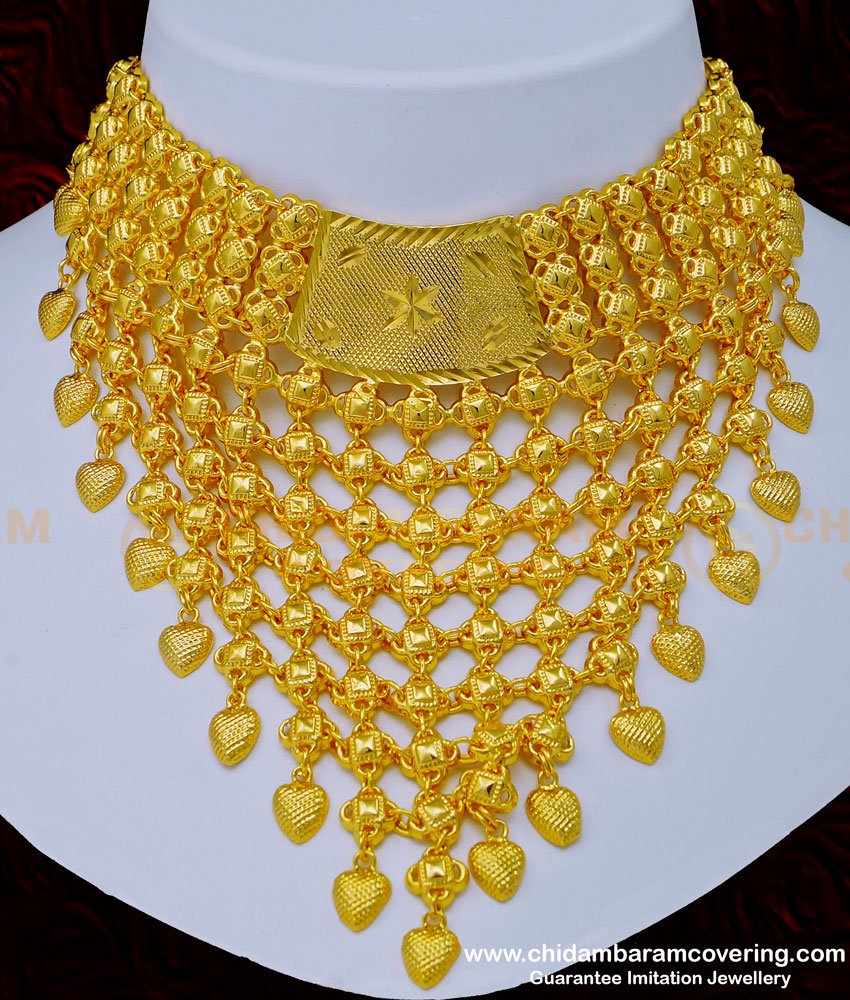 NLC1026 - Real Gold Design Bridal Wear Kerala Choker Necklace Wedding Jewelry Online