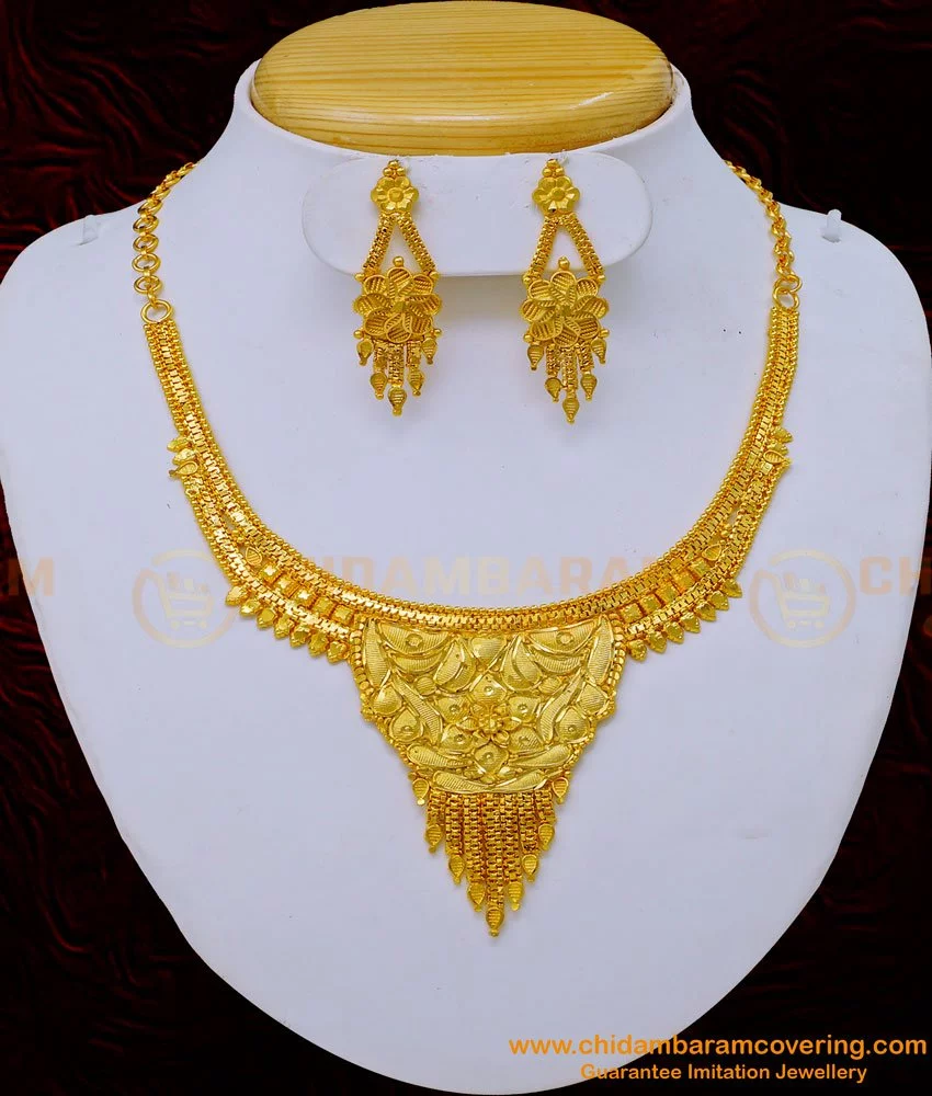 Buy Bridal Wear 1 Gram Forming Gold Earring with Plain Necklace ...