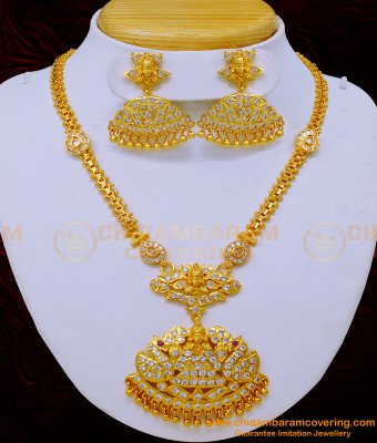 NLC1068 - Latest Impon White Stone Lakshmi Design Necklace with Earrings Five Metal Jewellery Online