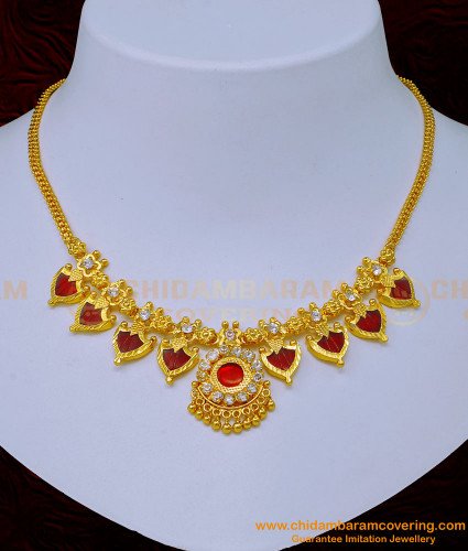 NLC1093 - Traditional Palakka Mala Kerala Bridal Wear White Stone with Red Palakka Necklace Online