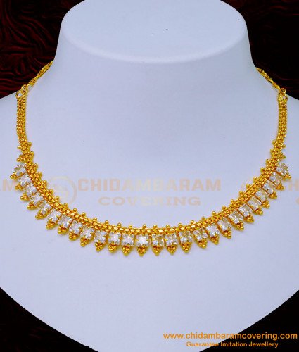 NLC1102 - American Diamond Single Line White Stone Necklace Gold Design for Wedding 