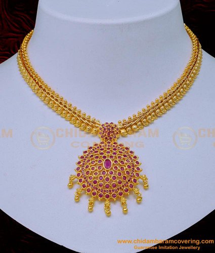 NLC1115 - Latest Gold Plated Bridal Wear Mango Model Chain Attigai Style Ruby Necklace Design 